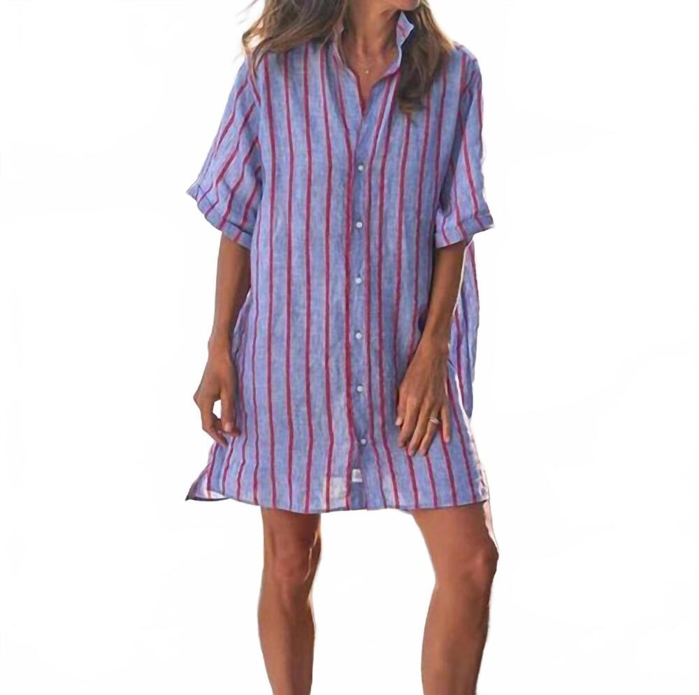 NEW FRANK & EILEEN rosemary short-sleeve mini shirtdress in blue red textured st